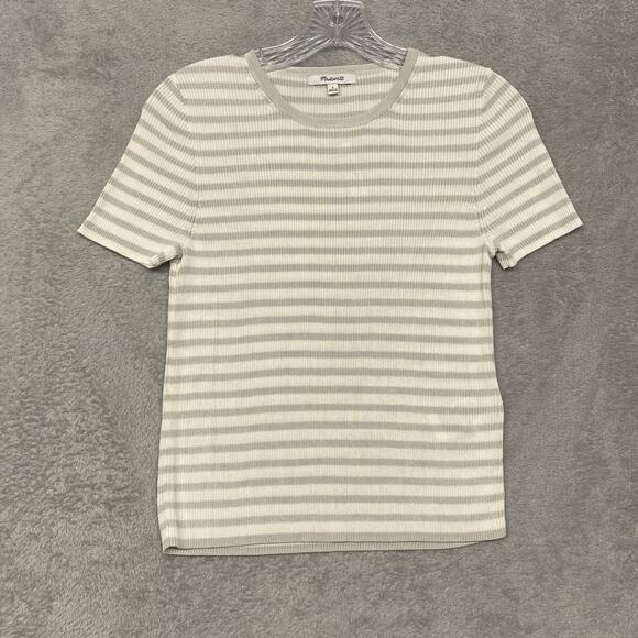 Madewell Sweater Womens S White Gray Viscose Short Sleeve Rib Tee Shirt NQ336 - Picture 3 of 10